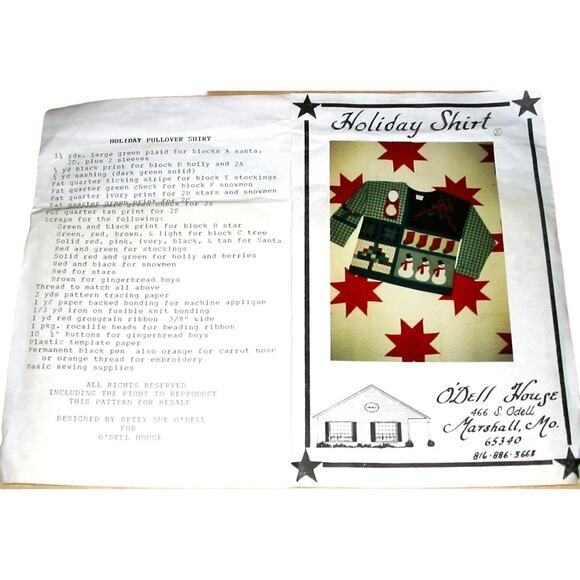 O’Dell House Shirt Pattern, Christmas Holiday Themed, Uncut, Sizes Small to XL - Picture 1 of 2